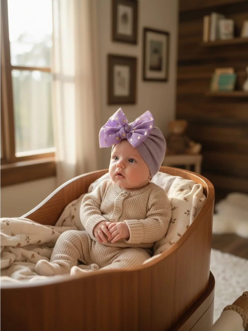 Handmade Lavender Ribbed Baby Turban Hat with Gold Polka Dot Bow NWT